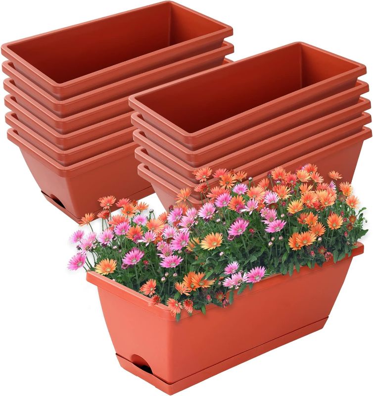 Photo 1 of 12 Pieces Rectangle Window Box Planter 17 Inch Window Plant Box Herb Planter Plastic Herb Pots for Indoor Plants Large Window Flower Boxes Outdoor with Tray for Garden, Balcony Home Decor (Brick Red)