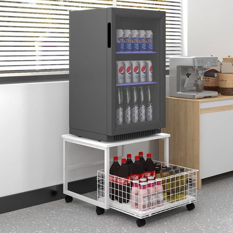 Photo 1 of PUNCIA Mobile Mini Fridge Stand with Large Capacity Storage Portable Refrigerator Table with 4 Lockable Wheels Appliance Platform Table with Drawer Basket Rolling Fridge Cart for Home, BLACK 