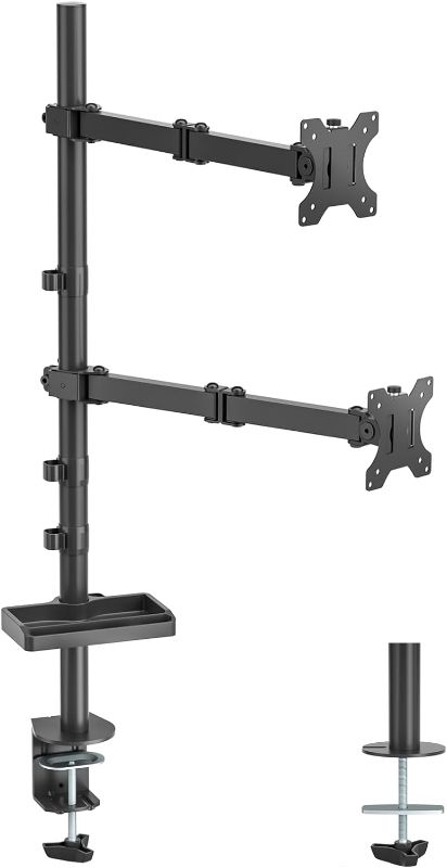 Photo 1 of UPGRAVITY Dual Vertical Monitor Mount with Storage Tray, Stacked Monitor Stand for Two 13 to 32 inch Computer Screens, 35 inch Extra Tall Pole, Double-Jointed Fully Adjustable Heavy Monitor Arms
