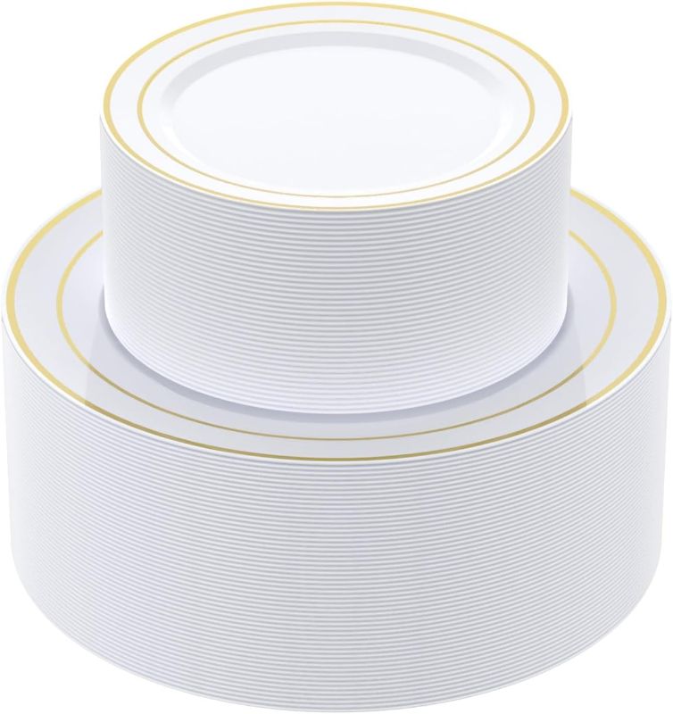 Photo 1 of JOLLY CHEF 102 Count Gold Disposable Plastic Plates, Heavyweight Disposable Wedding Plates Set White Party Plate with Gold Rim, Includes 51 Dinner Plates 10" and 51 Dessert Plates 7"
