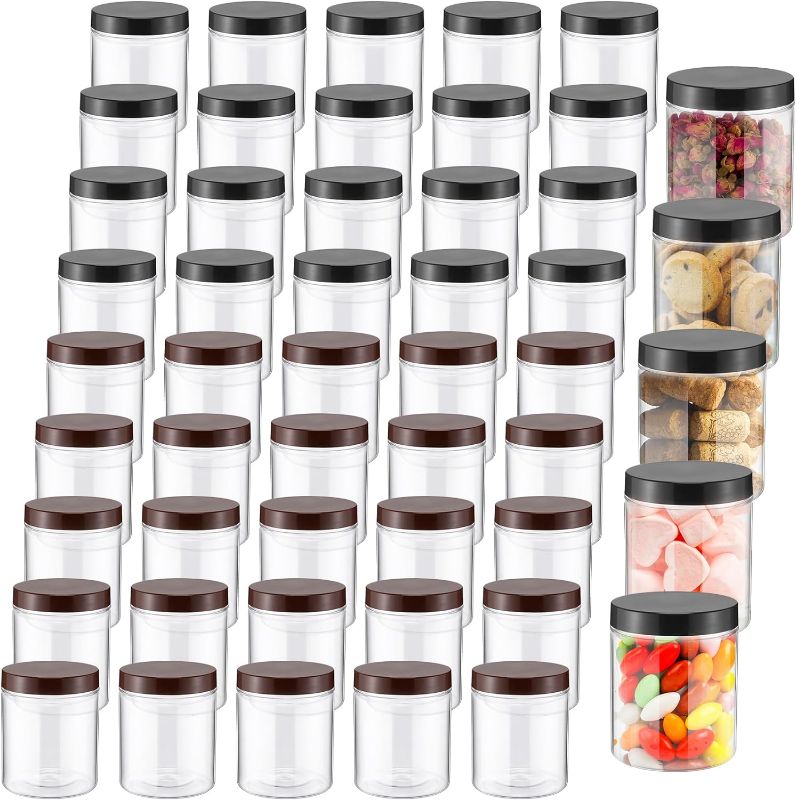 Photo 1 of Mifoci 50 Pcs Clear Plastic Jars Containers 16 oz Reusable Empty Storage Jars with Lid Storage Jars Containers Cylinder Round Jars for Kitchen Spices Dry Food Body Butter, Black and Brown