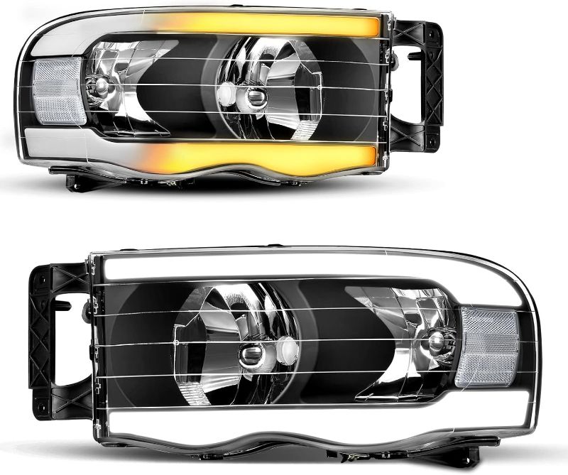 Photo 1 of AUTOSAVER88 Switchback LED Tube Headlights Assembly Compatible with 02 03 04 05 Dodge Ram 1500/2003-2005 Dodge Ram 2500 3500 DRL Headlight Headlamp Replacement Pair Black Housing Clear Reflector
