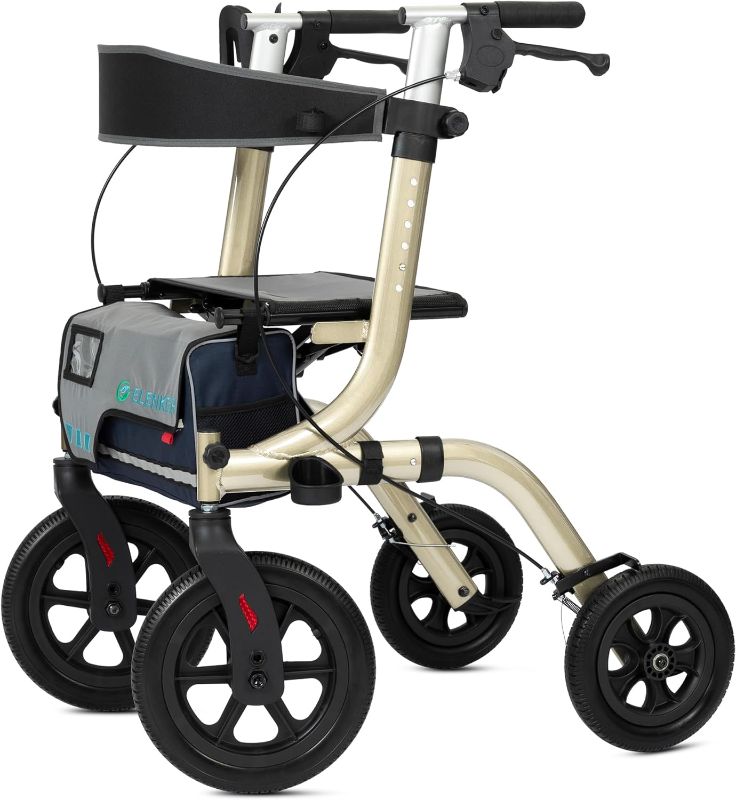 Photo 1 of ELENKER All-Terrain Rollator Walker with Seat, Outdoor Rolling Walker, 12” Non-Pneumatic Tire Front Wheels, Compact Folding Design for Seniors, Champagne
