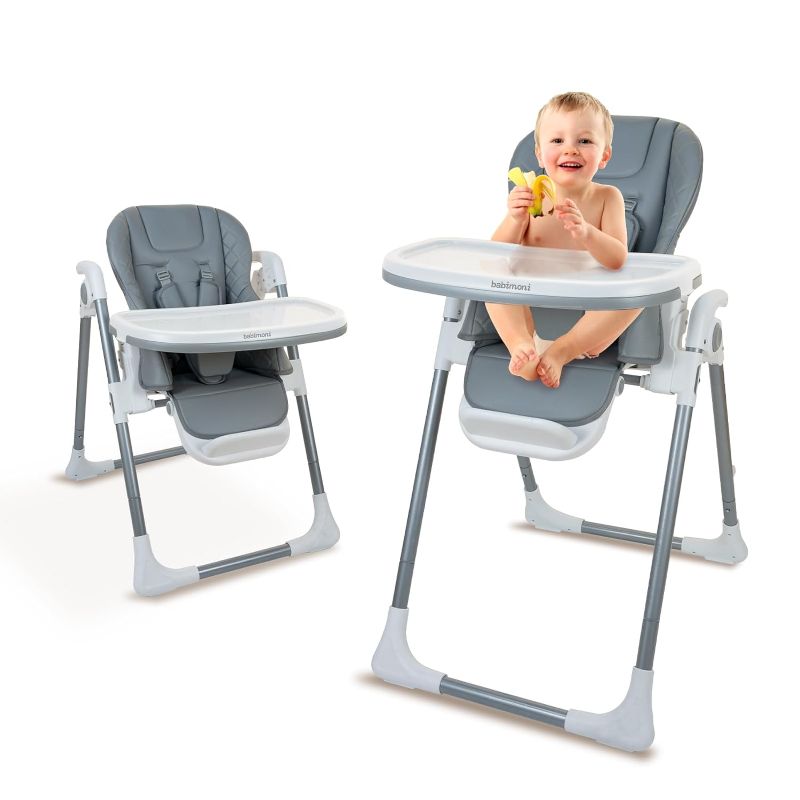 Photo 1 of babimoni Baby High Chair, High Chairs for Babies and Toddlers, Adjustable, Foldable and Portable High Chair, Removable PU Leather and Tray for Easy Clean, Travel Feeding Chair, Gray
