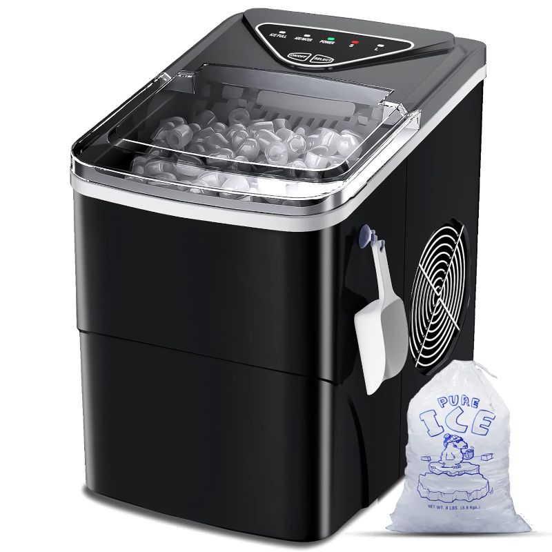 Photo 1 of Ice Makers Countertop, Self-Cleaning Function, Portable Electric Ice Cube Maker Machine, 9 Pellet Ice Ready in 6 Mins, 26lbs 24Hrs with Ice Bags and Scoop Basket for Home Bar Camping RV(Black)
