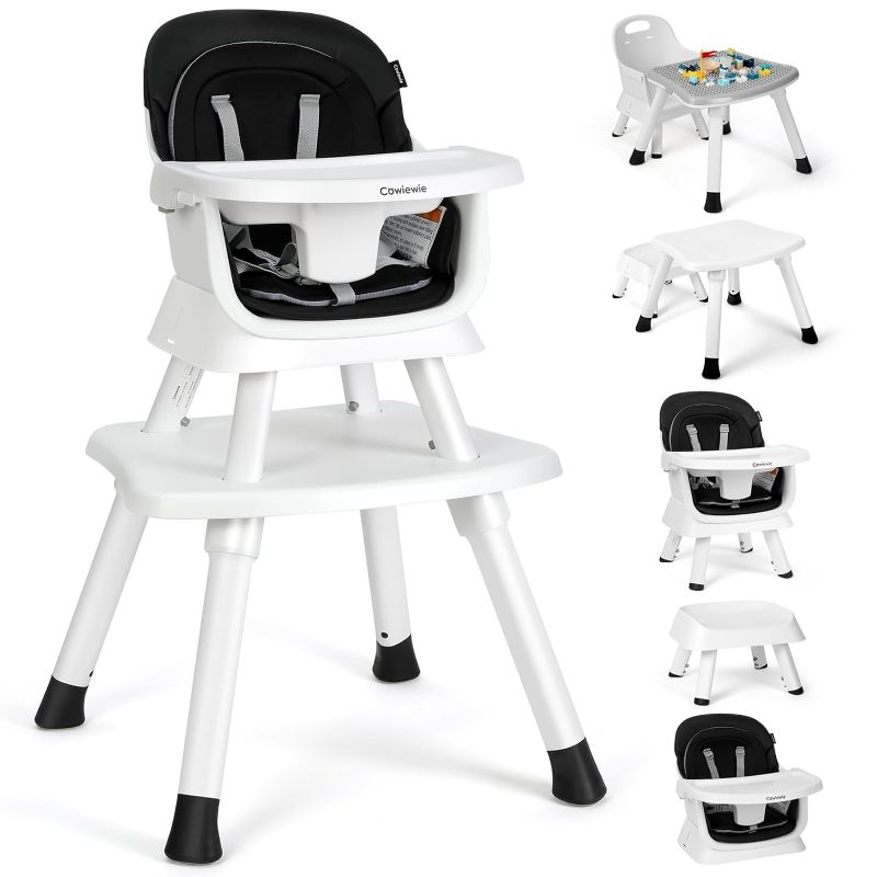 Photo 1 of Cowiewie 8 in 1 Baby High Chair Growing with Baby High Chairs for Babies and Toddlers Chair Set Building Block Table Highchair with Safety Harness, Removable Tray (White & Black)
