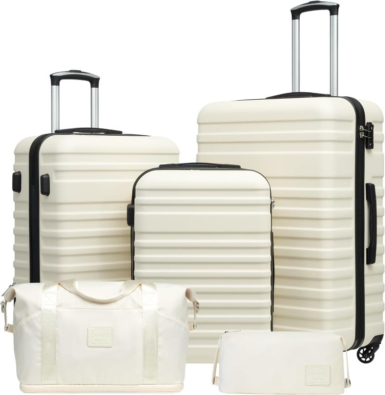 Photo 1 of Coolife Suitcase Set 3 Piece Luggage Set Carry On Hardside Luggage with TSA Lock Spinner Wheels (Snow White, 5 piece set)
