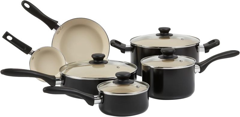 Photo 1 of Amazon Basics Ceramic Nonstick Pots and Pans 11 Piece Cookware Set, made without PFOA & PTFE, Black/Cream
