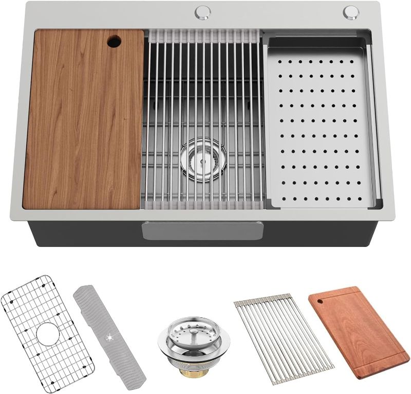 Photo 1 of Kitchen Sink Workstation, 33x22 Inch Stainless Steel Drop In Kitchen Sink Modern Large Single Bowl Kitchen Sink Gift Combo-SS Grid,Drying Rack,Colander,Cutting Board,Silicone Mat, Drain Strainer Set
