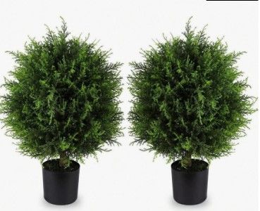 Photo 1 of Artificial Topiary Cedar Tree 20'' Fake Cedar Potted Plants UV Rated Artificial Shrubs Bushes Tree for Indoor Outdoor Home Garden Dr 2 Pack
