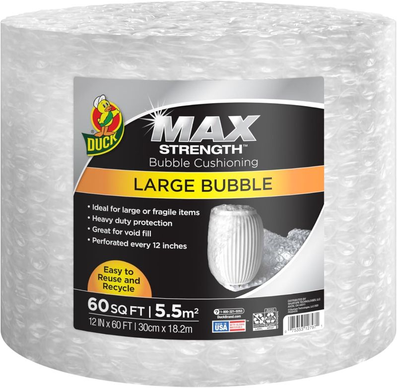 Photo 1 of Duck Max Strength Bubble Cushioning Wrap for Moving & Shipping, 60 FT Large Bubble Packing Wrap, Heavy Duty Protection for Mailing & Packaging Boxes, Clear Bubble Roll Supplies Perforated Every 12 IN
