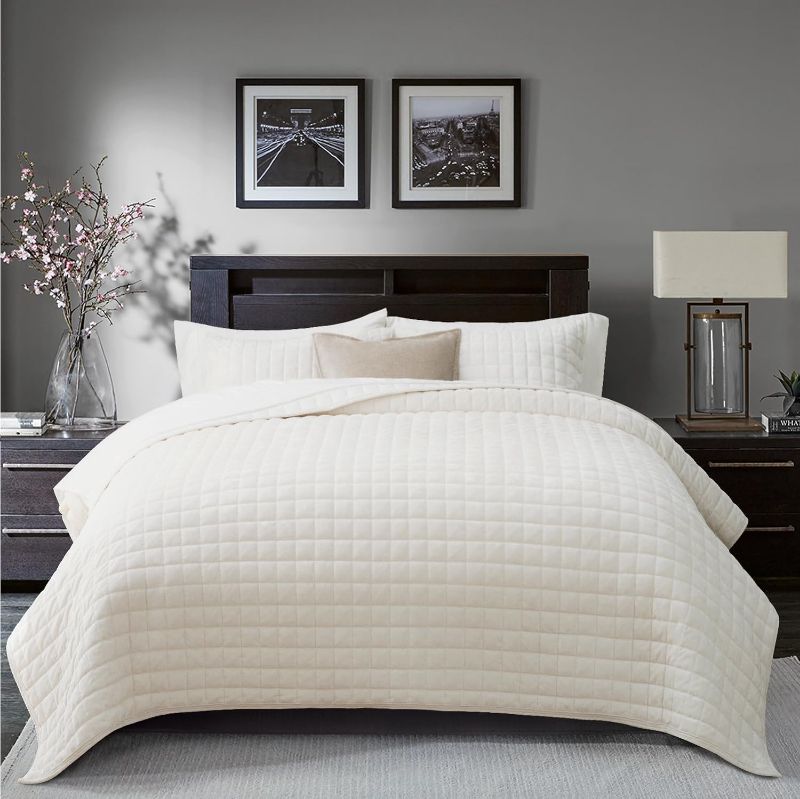 Photo 1 of RECYCO Luxury Velvet Quilt Set , Lightweight Velvet Comforter Set, Oversized Bedspread Coverlet Quilted Bedding Set, with 2 Matching Pillow Shams, for All Season, Cream White
