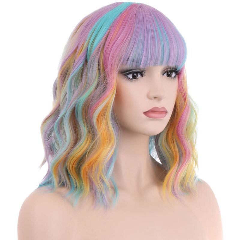 Photo 1 of PATTNIUM 14 Inches Rainbow Wig Short Wavy Wig Pastel Rainbow Wig with Bangs Multi Color Wig for Women Girls Heat Resistant Synthetic Cosplay Costume Wig (Rainbow)
