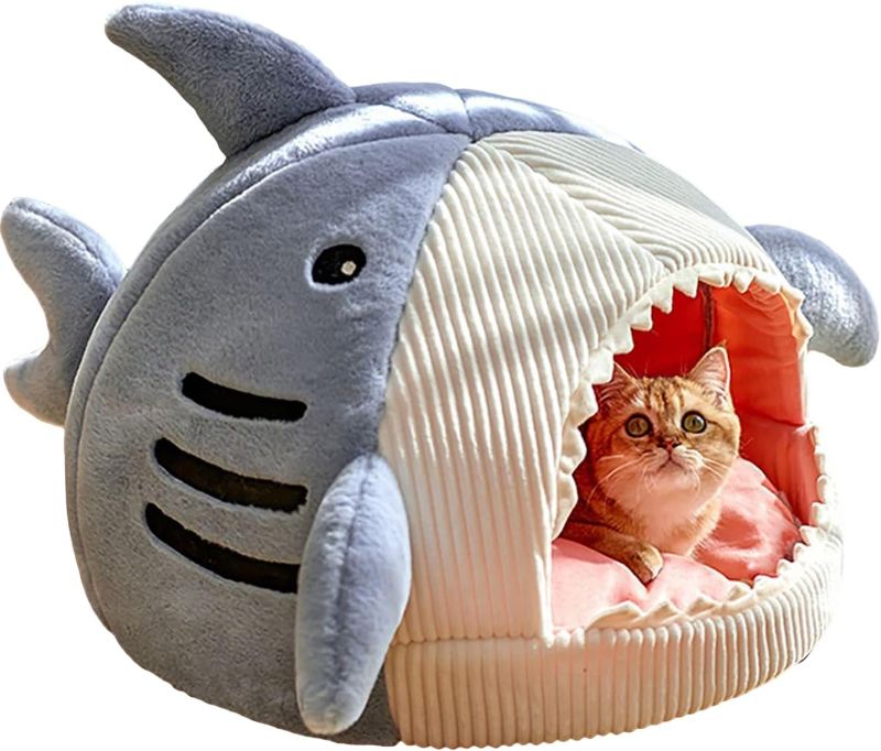 Photo 1 of QWINEE Cat Mat Shark-Shaped Kennel Kitten Bed Hideout House Warm Soft Comfortable Semi-Closed Cat Dog Nest Blue L
