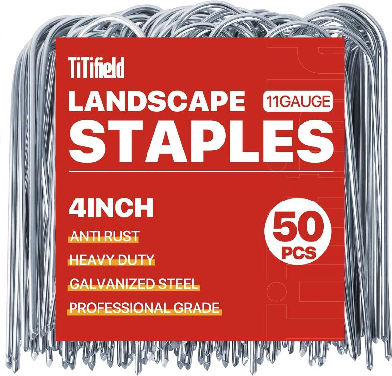 Photo 1 of TiTifield U Shape Garden Stakes 50 Packs 4 Inch 11 Gauge Irrigation Tubing Stakes, Heavy Duty Galvanized Landscape Staples for Tube, Lawns, Landscape Fabrics,Irrigation Hose and Weed Barriers
