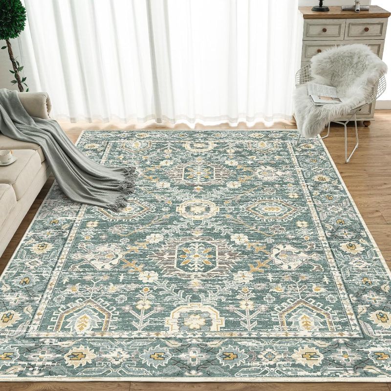 Photo 1 of OMERAI Washable Rugs 9x12 Machine Washable Area Rugs in Vintage Design Anti Slip Backing Washable Rug for Living Room, Bedroom, Home Decor, Green Washable Rug

