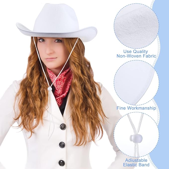 Photo 1 of 4 Pcs Cowboy Hats White Western Plain Cowboy Hats Texan Cowboy Hat with Adjustable Neck Drawstring for Wedding Party Stage Performance Birthday Decor