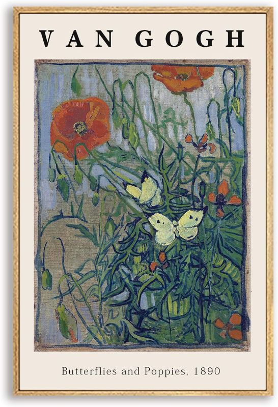 Photo 1 of Vincent Van Gogh Framed Wall Art Print Butterflies And Poppies Flowers by Van Gogh Canvas Prints Painting Reproduction for Living Room Bedroom Kitchen Office Home Decor 12"x16" Natural Framed
