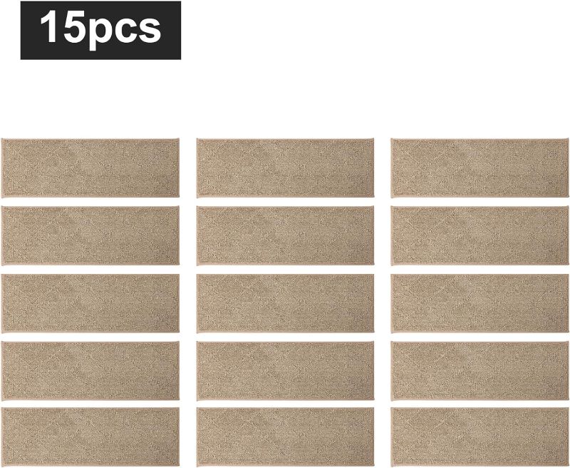 Photo 1 of COSY HOMEER Edging Stair Treads Non-Slip Carpet Mat 28inX9in Indoor Stair Runners for Wooden Steps, Edging Stair Rugs for Kids and Dogs, 100% Polyester TPE Backing (15pc, Beige)

