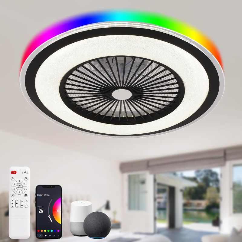 Photo 1 of MDZHYA Smart 24in Ceiling Fan with Light - Alexa/Google and App Control 6 Speeds with LED-RGB Back Ambient Light, Low Profile Bladeless Design Perfect for Bedrooms and Living Room
