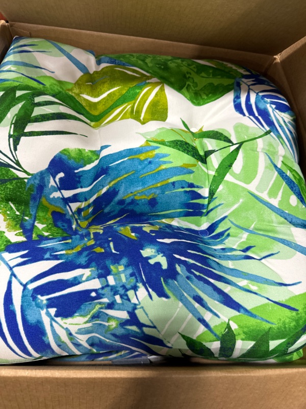 Photo 2 of Pillow Perfect Tropic Floral Outdoor Wicker Patio Seat Cushion, Reversible, Weather, and Fade Resistant, Round Corner - 19" x 19", Blue/Green Soleil, 2 Count Round Corner - 19" x 19" Blue/Green Soleil