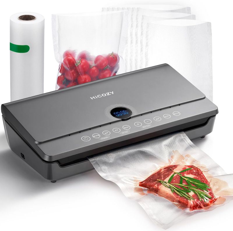 Photo 1 of HiCOZY Vacuum Sealer Machine with Built-in Cutter and Bag Storage - Air Sealer for Sous Vide and Food Storage with BPA Free Bags and Roller Bag, Space Gray
