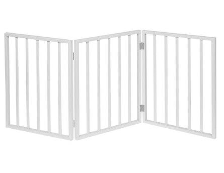 Photo 1 of Home District Freestanding Pet Gate, Solid Wood 3-Panel Tri-Fold Folding Dog Gate Dog Fence for Doorways Stairs Decorative Pet Barrier - White Traditional Slat, 54" x 24"
