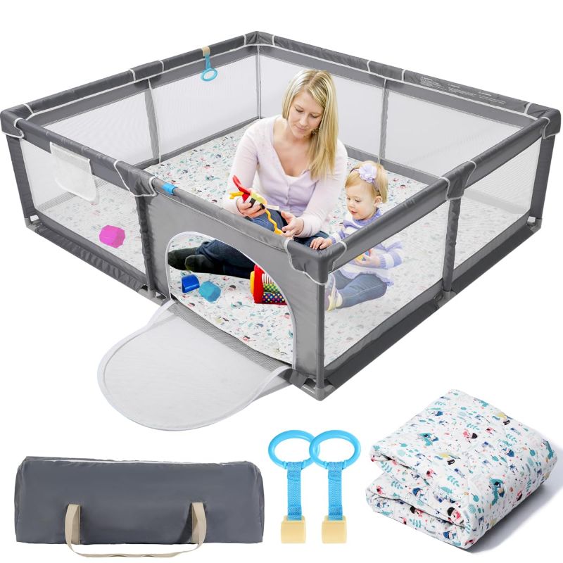 Photo 1 of Ude-licate Playpen with Soft Mat, Safe Playpen for Babies and Toddlers, Easy to Install Play Yard with Carpet, Sturdy Baby Playpen with Gate (Black, 50 x 50 Inch)
