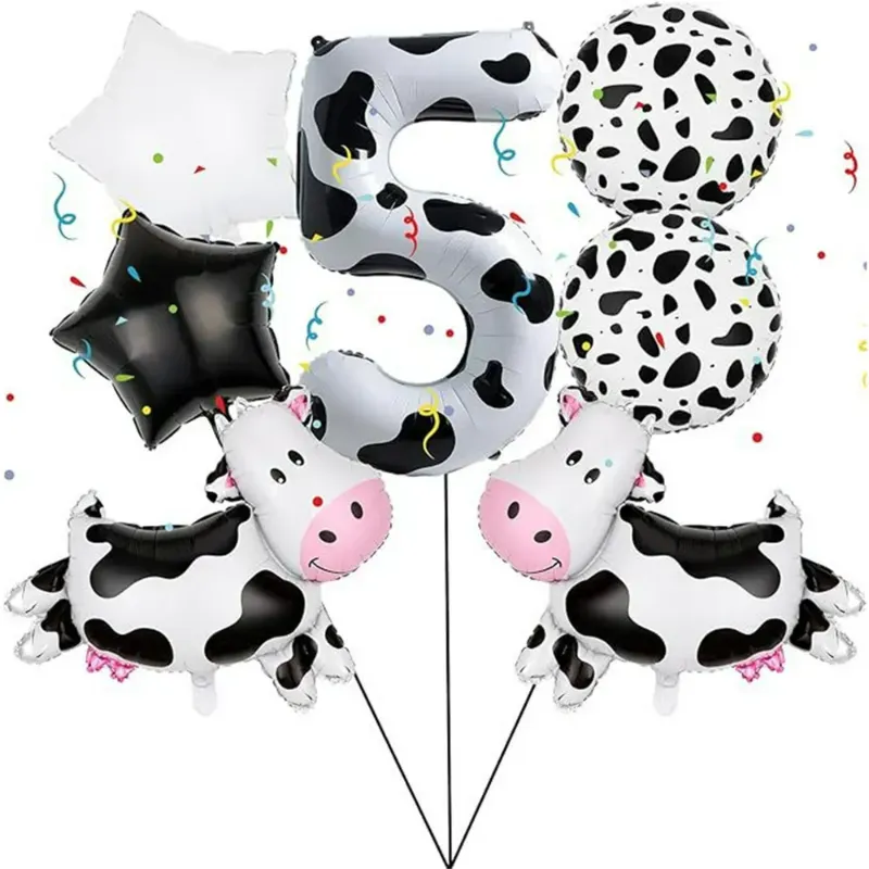 Photo 1 of 7 Pcs Cow Print Balloon Foil Mylar Balloon Happy 5th Birthday Farm Animal Balloons Party Set for Baby Shower Birthday Cow Theme Party