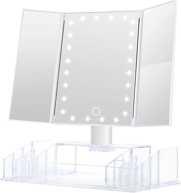 Photo 1 of GULAURI Makeup Mirror with Lights and Storage - 3x/2x Magnification, Tri-Fold Cosmetic Vanity Mirror with 24 Led Light, Touch Screen, 180 Degree Adjustable Rotation