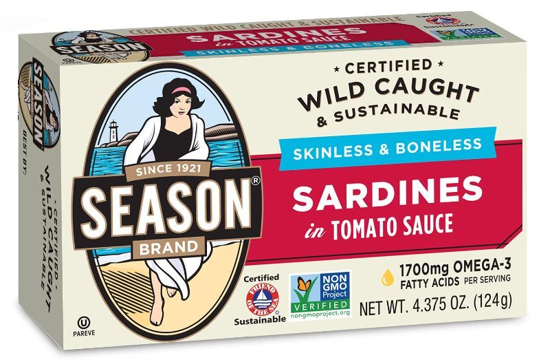 Photo 1 of Season Sardines in Tomato Sauce – Skinless & Boneless Fish, Wild Caught, 22g of Protein, Keto Snacks, More Omega 3's Than Tuna, Kosher, High in Calcium, Canned Sardines – 4.37 Oz Tins, 12-Pack BB 10/2025
