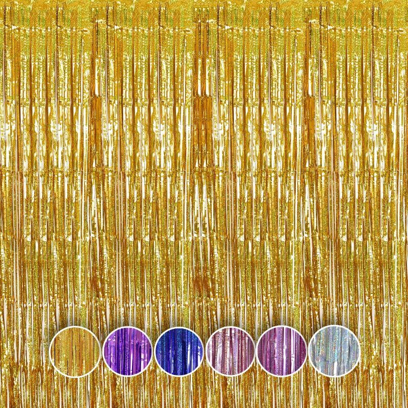Photo 1 of QRabbit 4 Pack Gold Foil Fringe Curtains, Metallic Tinsel Party Streamers, Shiny Fringe Backdrop for Birthday Wedding Engagement Baby Shower Bridal Shower Party Decorations (Gold, 3.3 x 6.6 ft)