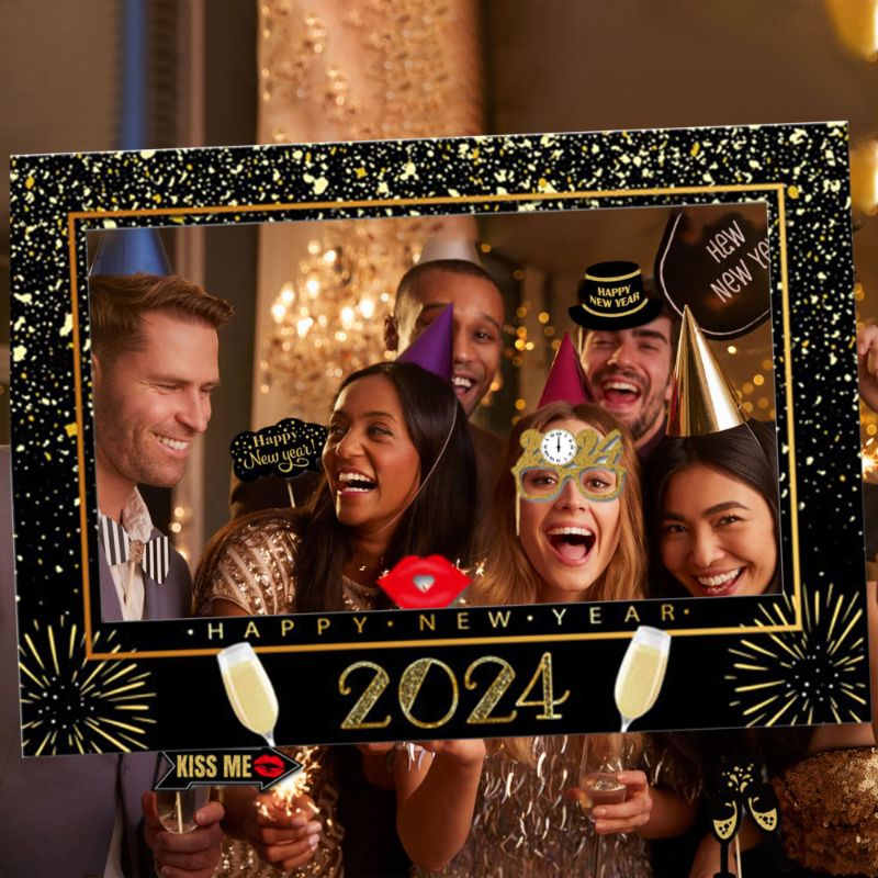 Photo 1 of JeVenis 2024 Happy New Year Photo Booth Props Cheers to New Year Photo Props 2024 Happy New Year Party Supplies Happy New Year Decoration