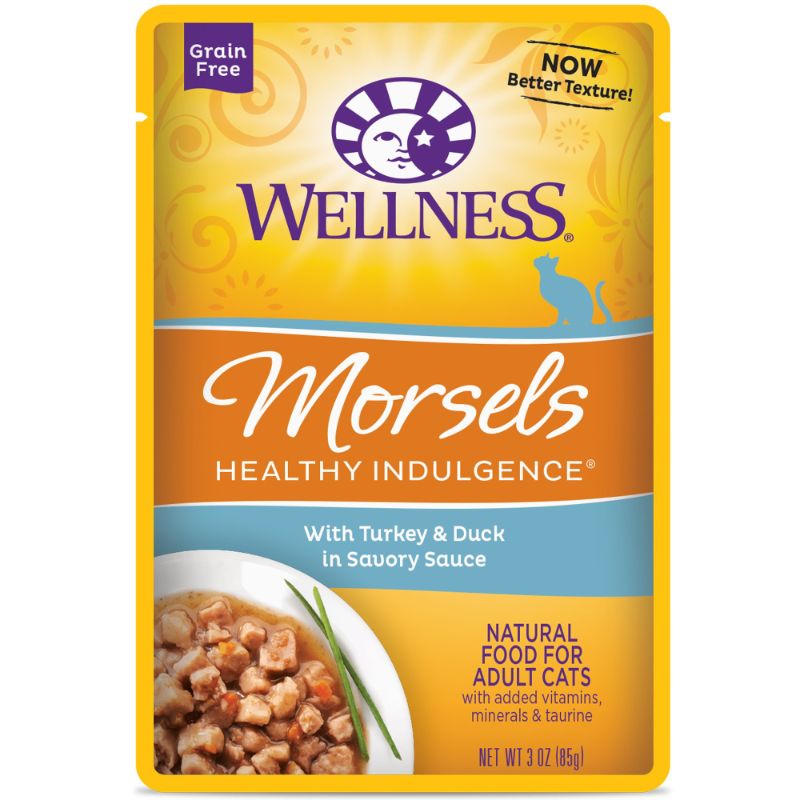 Photo 1 of Wellness Healthy Indulgence Natural Grain Free Wet Cat Food, Morsels Turkey & Duck, 3-Ounce Pouch (Pack Of 24) BB 5/28/2024