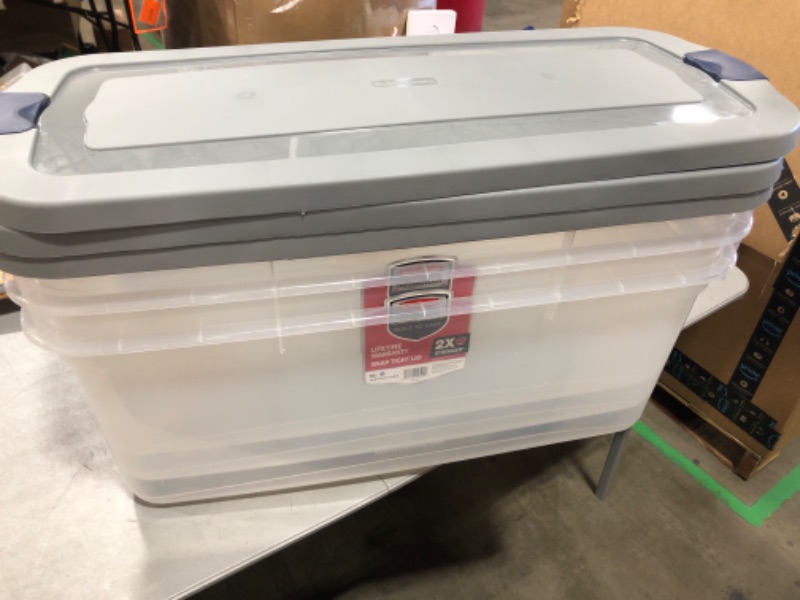 Photo 2 of 3 Pack Rubbermaid Roughneck Clear 95 Qt/23.75 Gal Storage Containers, Pack of 4 with Latching Grey Lids, Visible Base, Sturdy and Stackable, Great for Storage and Organization Snap-Fit Lids 95 Qt - 4 Pack
