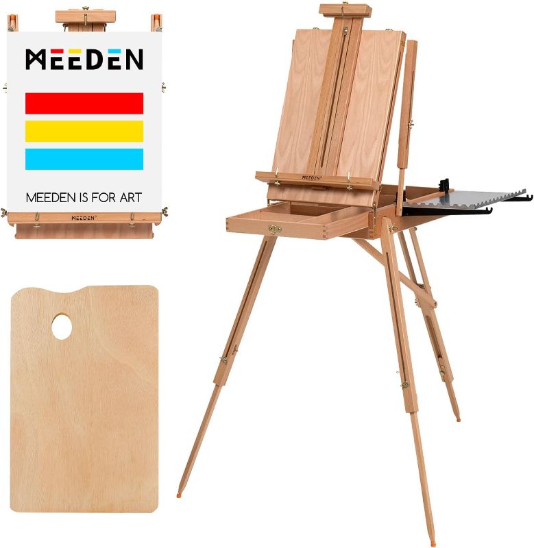 Photo 1 of MEEDEN French Easel,Beech Wood Sketch Easel Box with Foldable Legs,Drawer Storage and Palette Tray,Portable Artist Easel for Outdoor Painting,Tripod Easel Stand for Sketching,Displaying