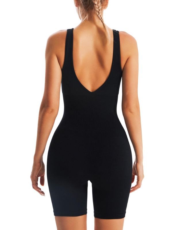 Photo 1 of RUNNNG GIRL Jumpsuits for Women Workout Tummy Control Jumpsuit One Piece Workout Outfits Ribbed Unitard Bodysuit 2944-black Small