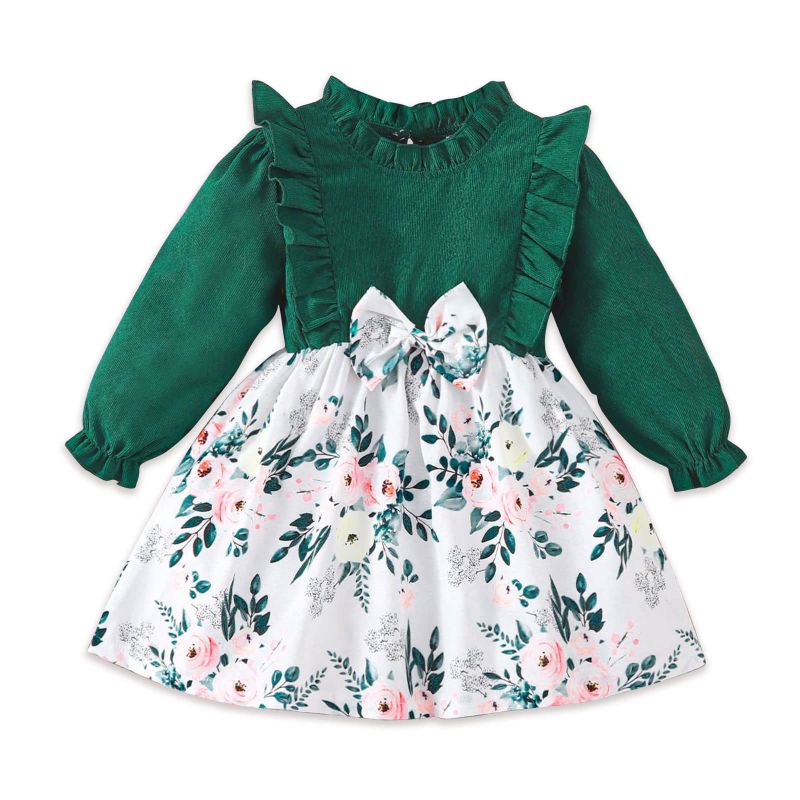 Photo 1 of PATPAT Toddler Girls Floral Print Bowknot Dress Toddler Long Sleeves Spring Dress 2-6 Years Dark Green 3-4T