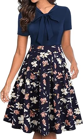 Photo 1 of Yikomi Women's Summer Vintage Bow Tie Pockets Swing Casual Work Party Dress K208 Size XL Floral