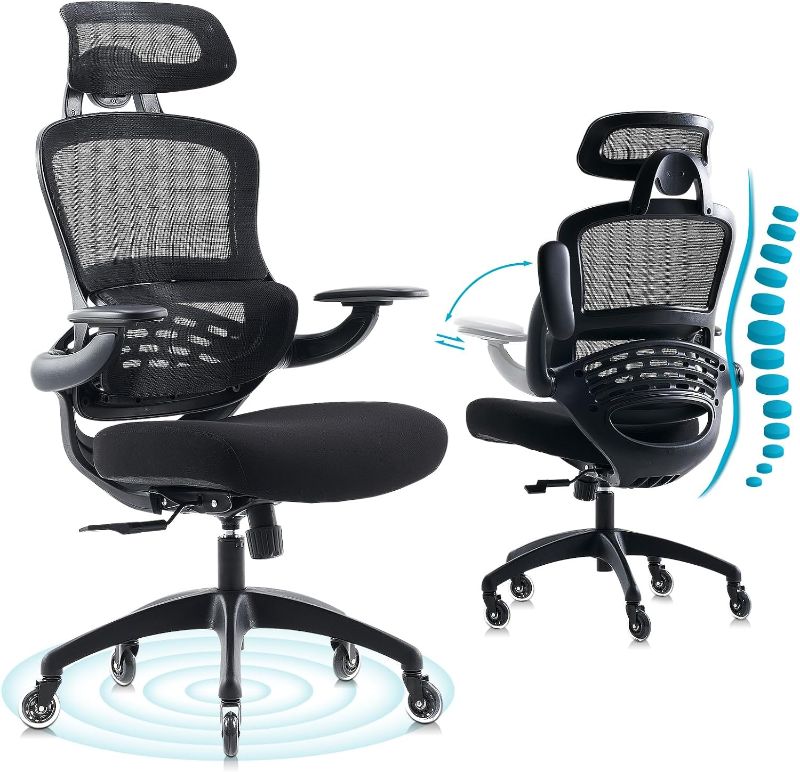 Photo 1 of YOUTASTE Ergonomic Office Chair with Wheels Desk Chair Adjustable Height Reclining Computer Chair Flip up 2D Armrest Cushion Mesh Headrest Rolling Chair Lumbar Support Executive Chair Blue