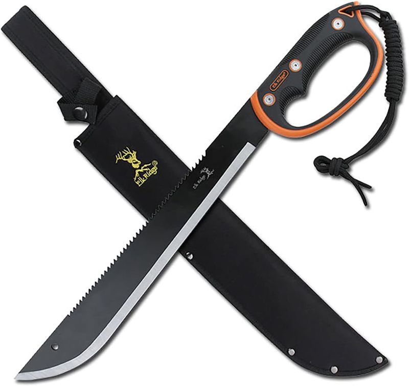 Photo 1 of Elk Ridge - Outdoors Fixed Blade Machete - 21.5-in Overall, Black Reverse Serrated Stainless Steel Blade, Orange and Black Injection Molded Handle with Lanyard, Nylon Sheath, Camping, Hunting, Survival - ER-279S
