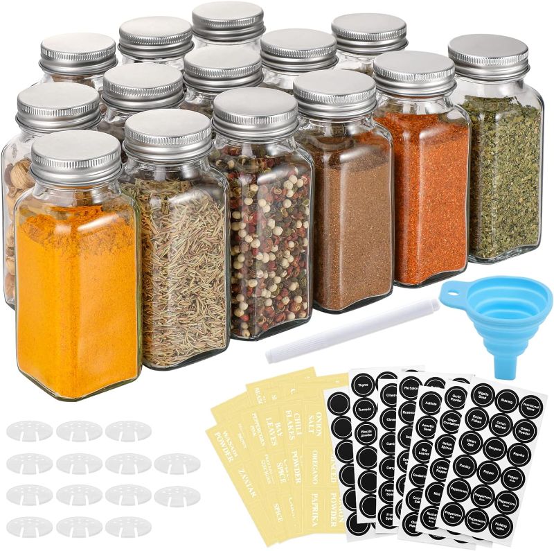 Photo 1 of AOZITA 14 Pcs Glass Spice Jars with Spice Labels - 6oz Empty Square Spice Bottles - Shaker Lids and Airtight Metal Caps - Chalk Marker and Silicone Collapsible Funnel Included 6 oz