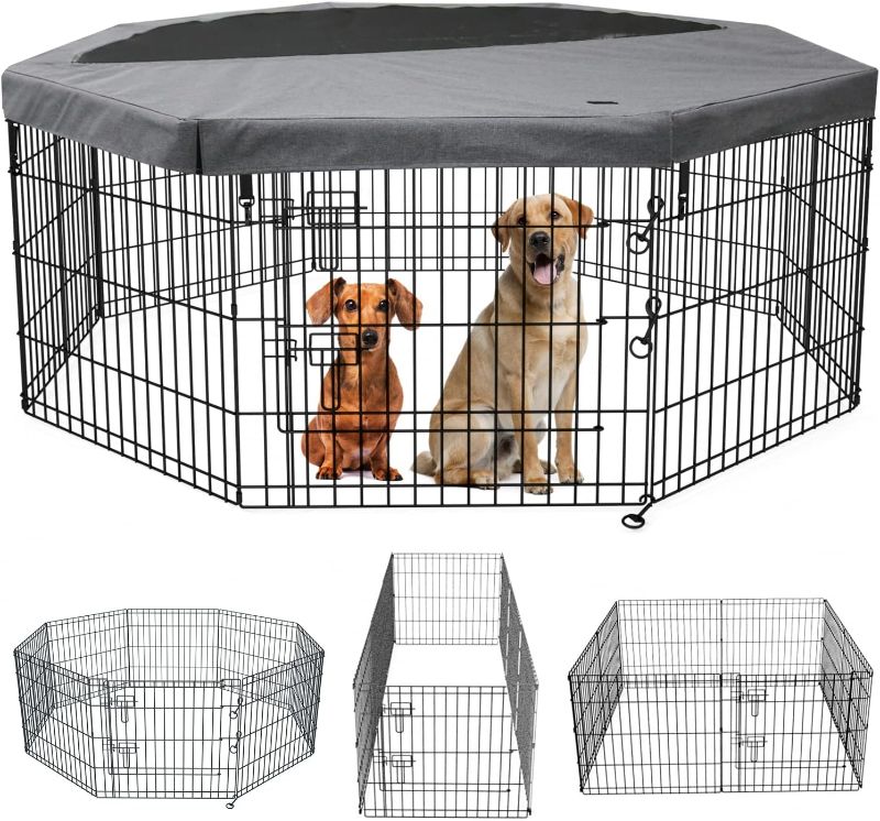 Photo 1 of PETIME Foldable Metal Dog Exercise Pen/Pet Puppy Playpen Kennels Yard Fence Indoor/Outdoor 8 Panel 24" W x 36" H with Top Cover (with top Cover, 8 Panels 36" H)

