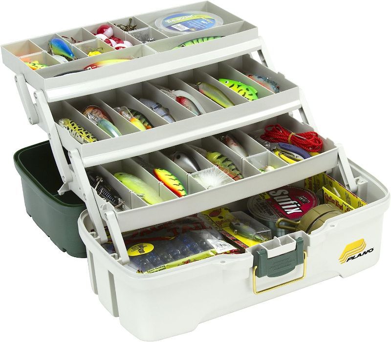 Photo 1 of PLANO 3-TRAY TACKLE BOX WITH DUAL TOP ACCESS, DARK GREEN METALLIC/OFF WHITE, PREMIUM TACKLE STORAGE
