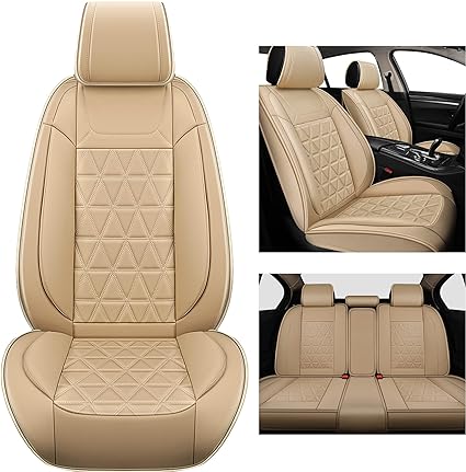 Photo 1 of YUHCS Full Set Car Seat Covers - Faux Leather Non-Slip Vehicle Cushion Cover, Waterproof Car Seat Protectors Automotive Accessories for Most SUV Cars Pickup Truck Beige