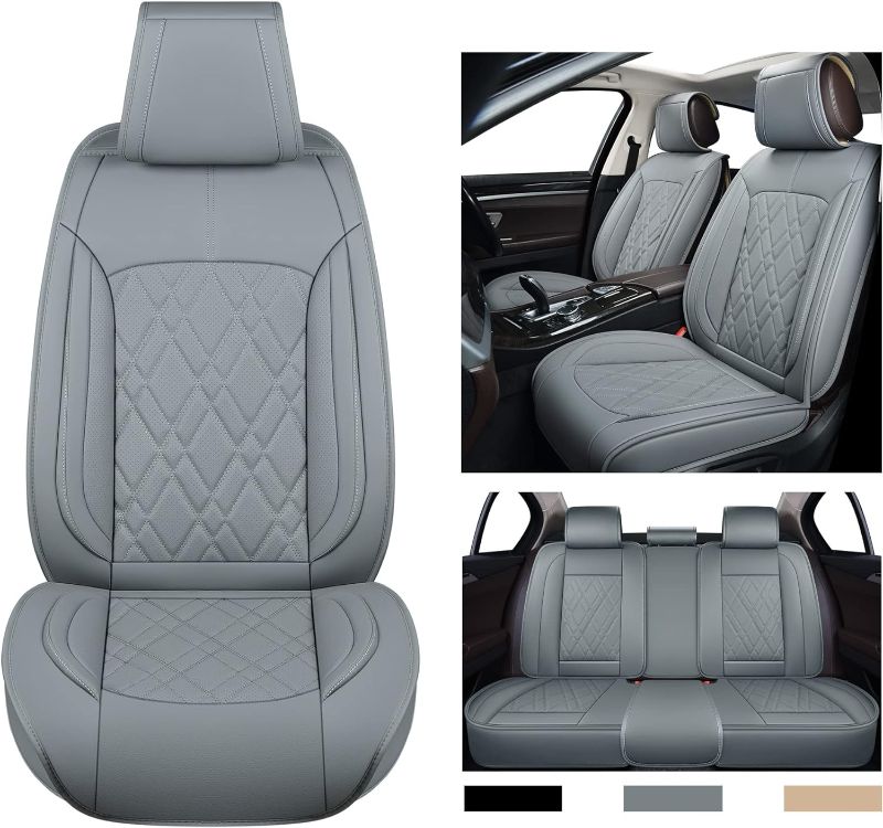 Photo 1 of 5PCS Luxury Car Seat Covers Full Set, Breathable Faux Leather Seat Covers, Non-Slip Automotive Seat Covers, Universal Seat Covers for Trucks SUV Cars, Waterproof Interior Covers, Gray
