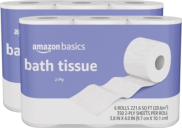 Photo 1 of Amazon Basics 2-Ply Toilet Paper 12 Rolls = 48 Regular Rolls, Unscented, 350 Sheets, (2 Packs of 6)
