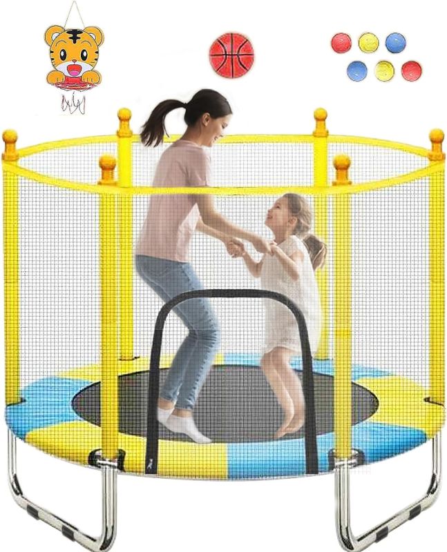 Photo 1 of 55" Trampoline for Kids with Basketball Hoop - 4.6 FT Indoor Outdoor Toddler Recreational Tranpolines with Enclosure Net,ASTM Approved - Toddler Baby Small Trampoline Birthday Gifts for Kids
