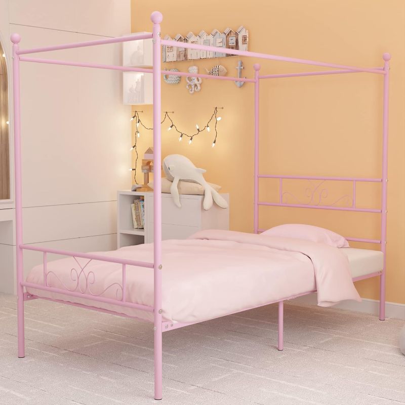 Photo 1 of Weehom Metal Canopy Bed Frame Platform Bed 4 Posters Sturdy Steel Mattress Foundation with Headboard and Footboard Box Spring Replacement Easy DIY Assembly Twin,Pink
