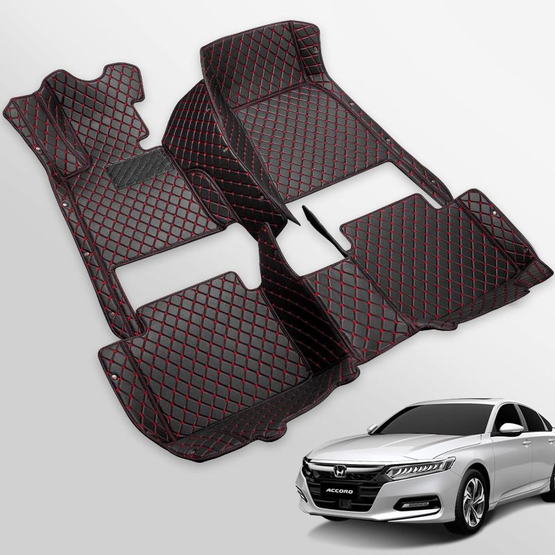 Photo 1 of Castlerock Leather Car Floor Mats for Honda Accord Hybrid 2018 2019 2020 2021 2022 2023 2024 All Surround Floor Liner Custom Fit Accord Automotive Passenger Car Mat Protection (Full Set-Red Seam)